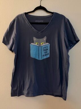 Life is Good XXL Crusher Tee Navy Blue Cat "How to Train Your Human"